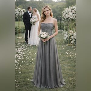 Monique Lhuillier Bridesmaids Gunmetal Chiffon Strapless Maxi Dress Sz 4 NWT